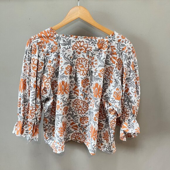 Rachel Zoe Floral Smocked Blouse L Orange & Gray 55% Linen 45% Rayon Long Sleeve - Picture 6 of 6